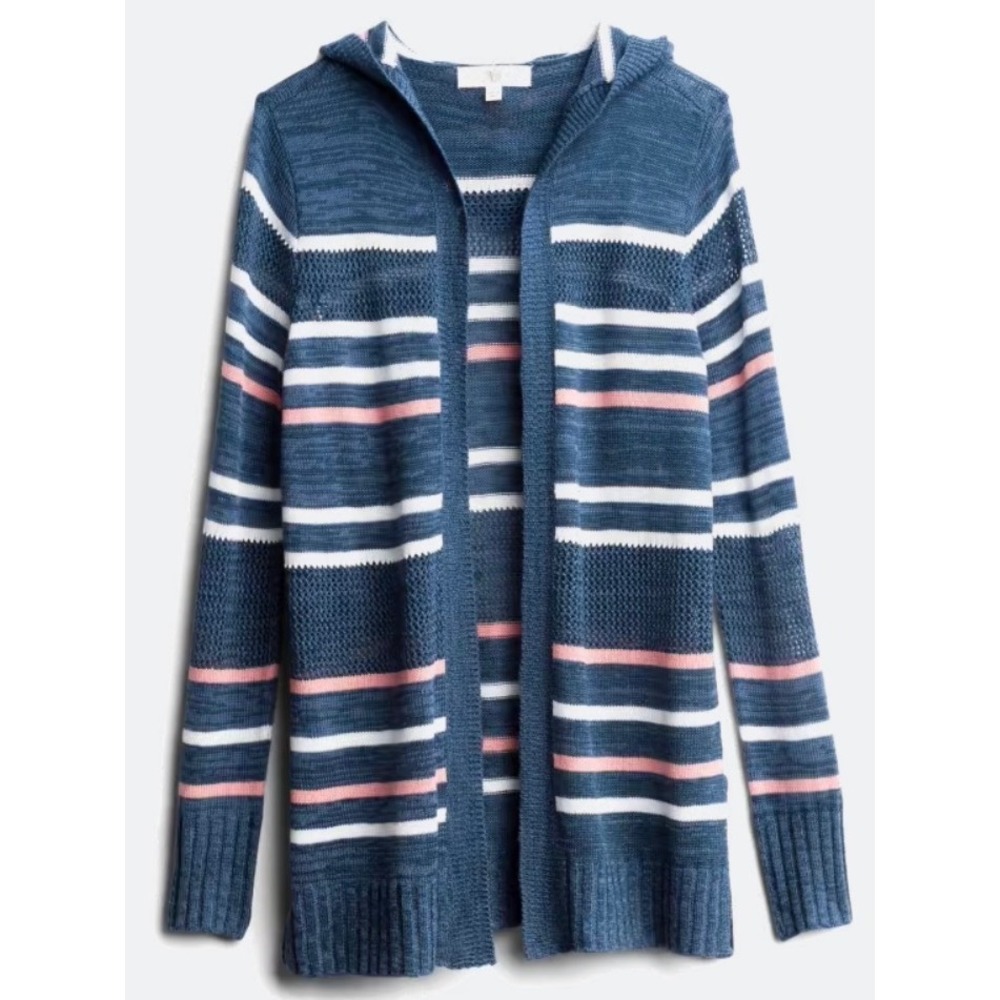 Pinque Blue Striped Hooded Open Front Pointelle Knit Cardigan Sweater Womens L